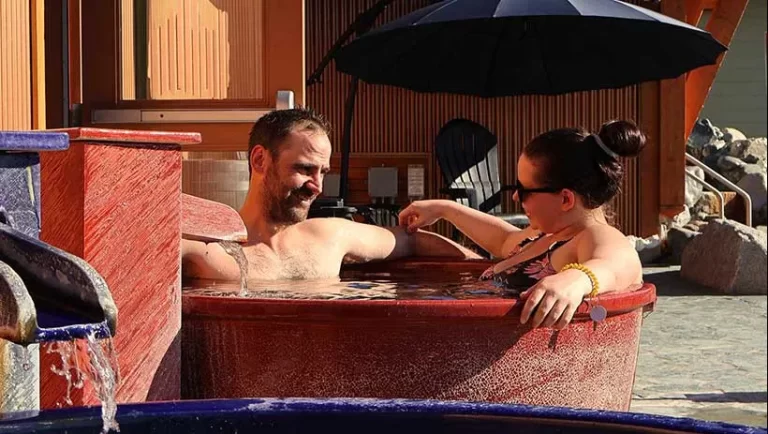 two people chatting inside a Japanese clay tile